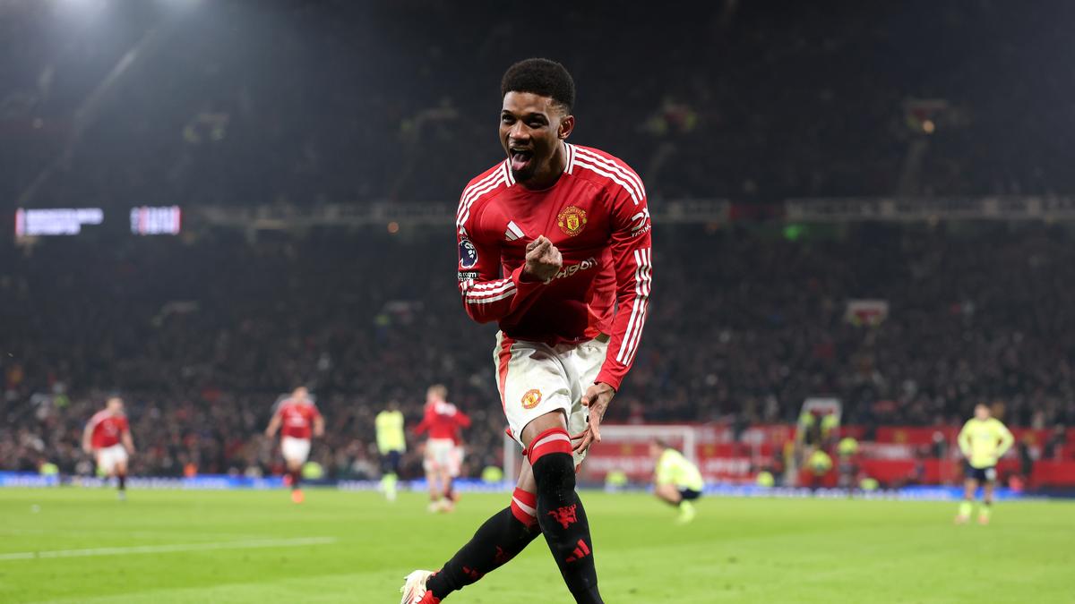 FILE PHOTO: Amad Diallo of Manchester United celebrates scoring his team's third goal, his hat-trick during the Premier League match between Manchester United FC and Southampton FC at Old Trafford on January 16, 2025 in Manchester, England.